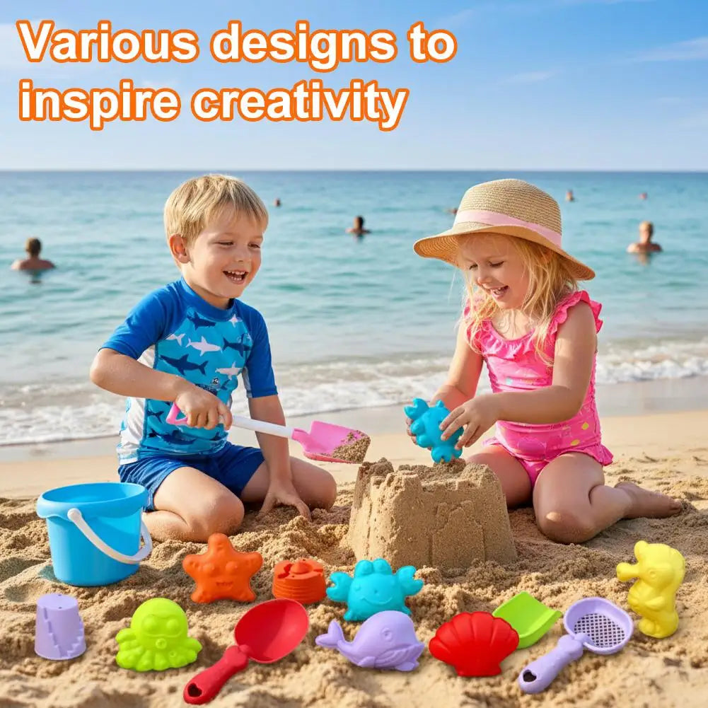 Kids Beach Toys Set 17Pcs Summer Outdoor Sand Box Kit with Bucket Spade Castle and Fish Molds Infant Sand Pit Toys for Baby