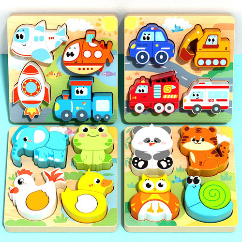 Juguetes de madera 4 en 1, puzle 3D de madera, puzle de animales de dibujos animados, juguetes educativos de aprendizaje temprano para niños, regalo