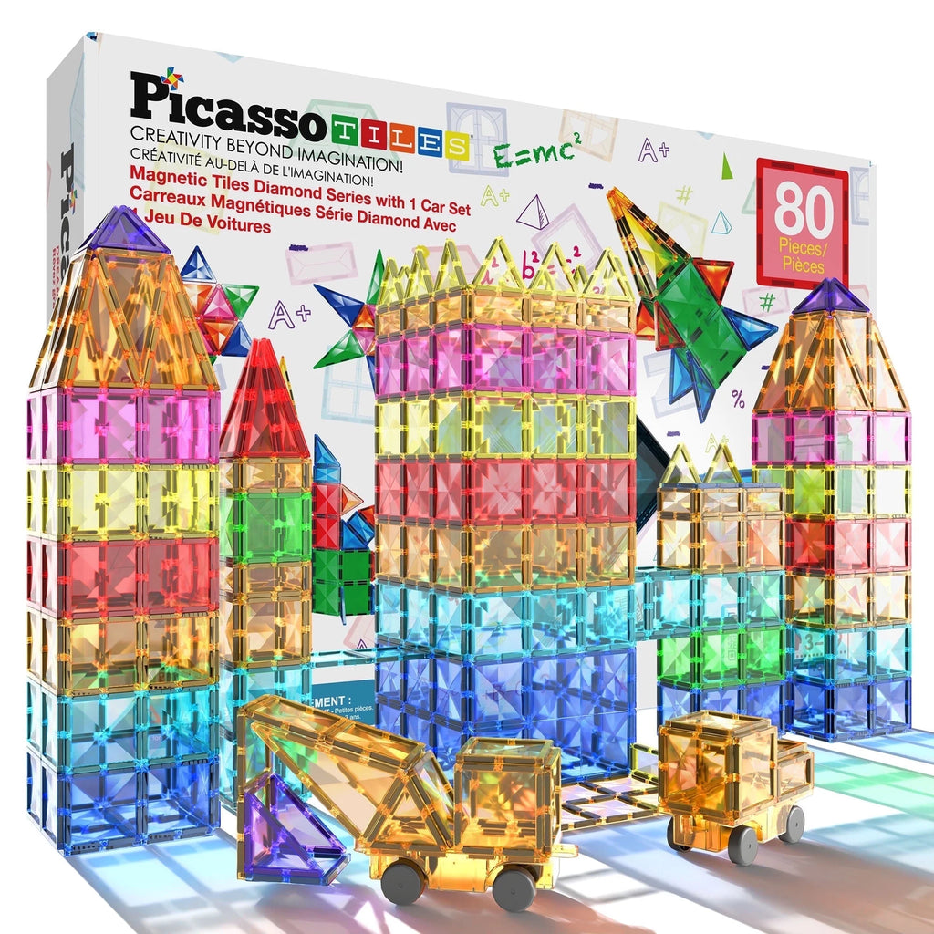 Picassotiles Magnetic Tiles for Kids – 80PCS STEM Construction Diamond Series Building Blocks Toy