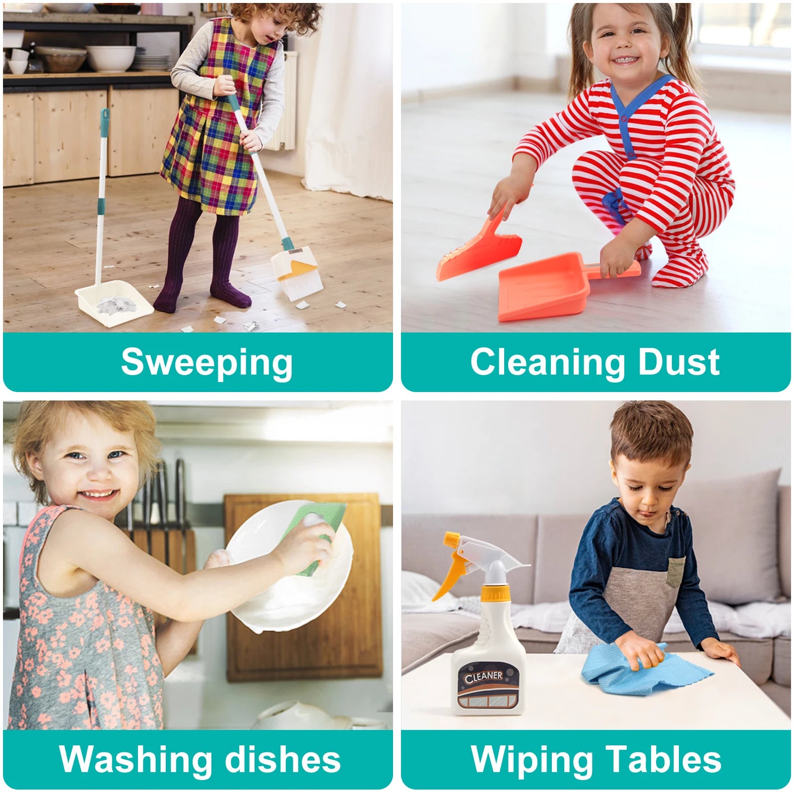 12Pcs/Set Kids Cleaning Set Housework Supplies Kit with Dustpan Broom Bucket Mop Cleaning Set Play House Toys for Boys & Girls