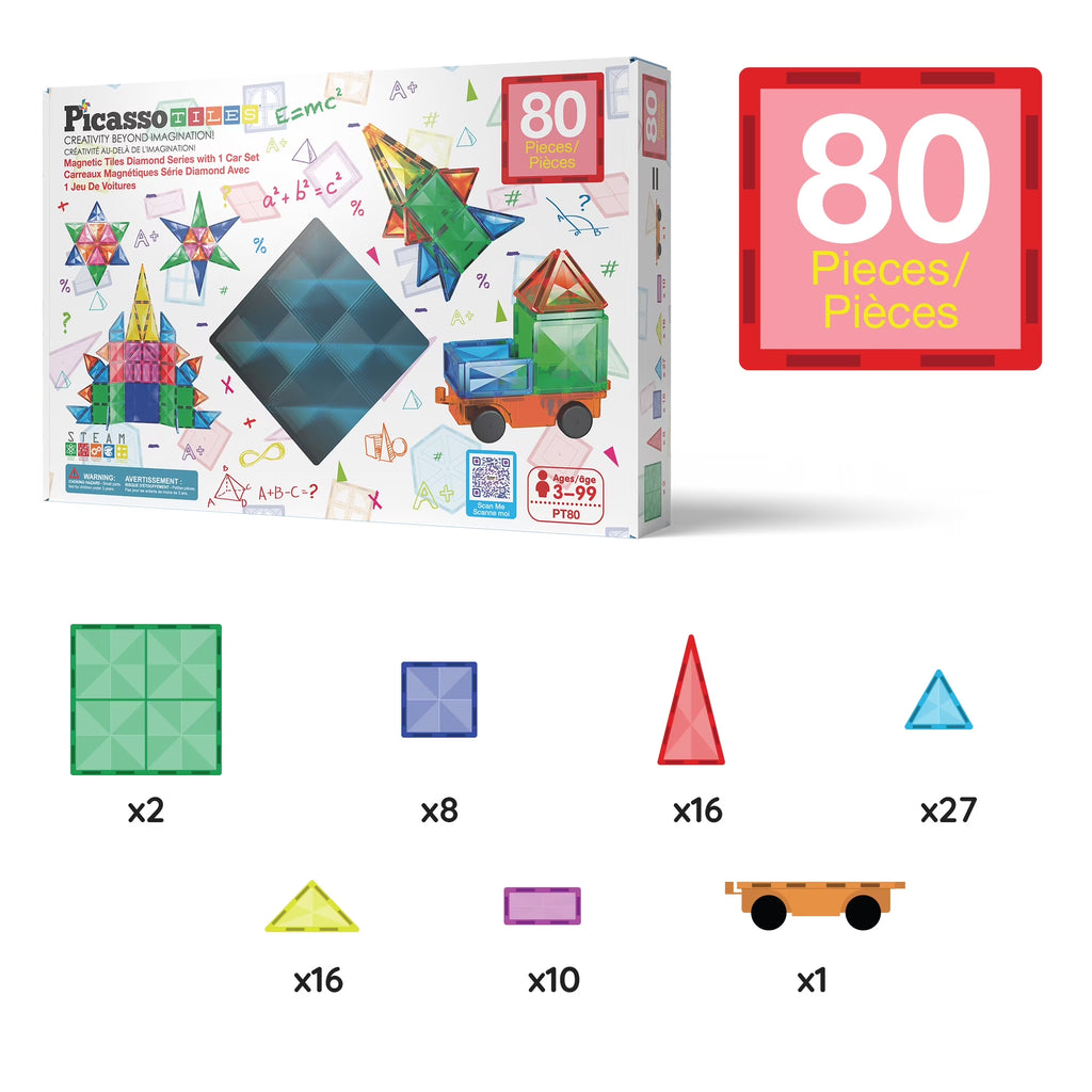 Picassotiles Magnetic Tiles for Kids – 80PCS STEM Construction Diamond Series Building Blocks Toy