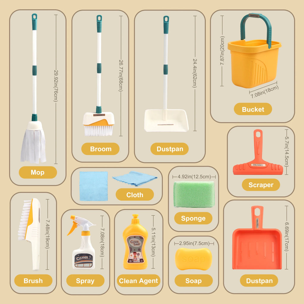 12Pcs/Set Kids Cleaning Set Housework Supplies Kit with Dustpan Broom Bucket Mop Cleaning Set Play House Toys for Boys & Girls