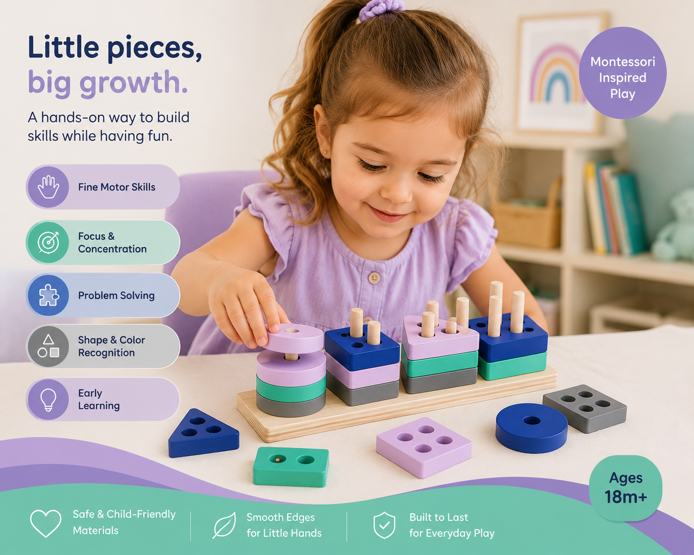 Montessori Toy Wooden Building Blocks Early Learning Educational Toys Color Shape Match Kids Puzzle Toys for Children Boys Girls